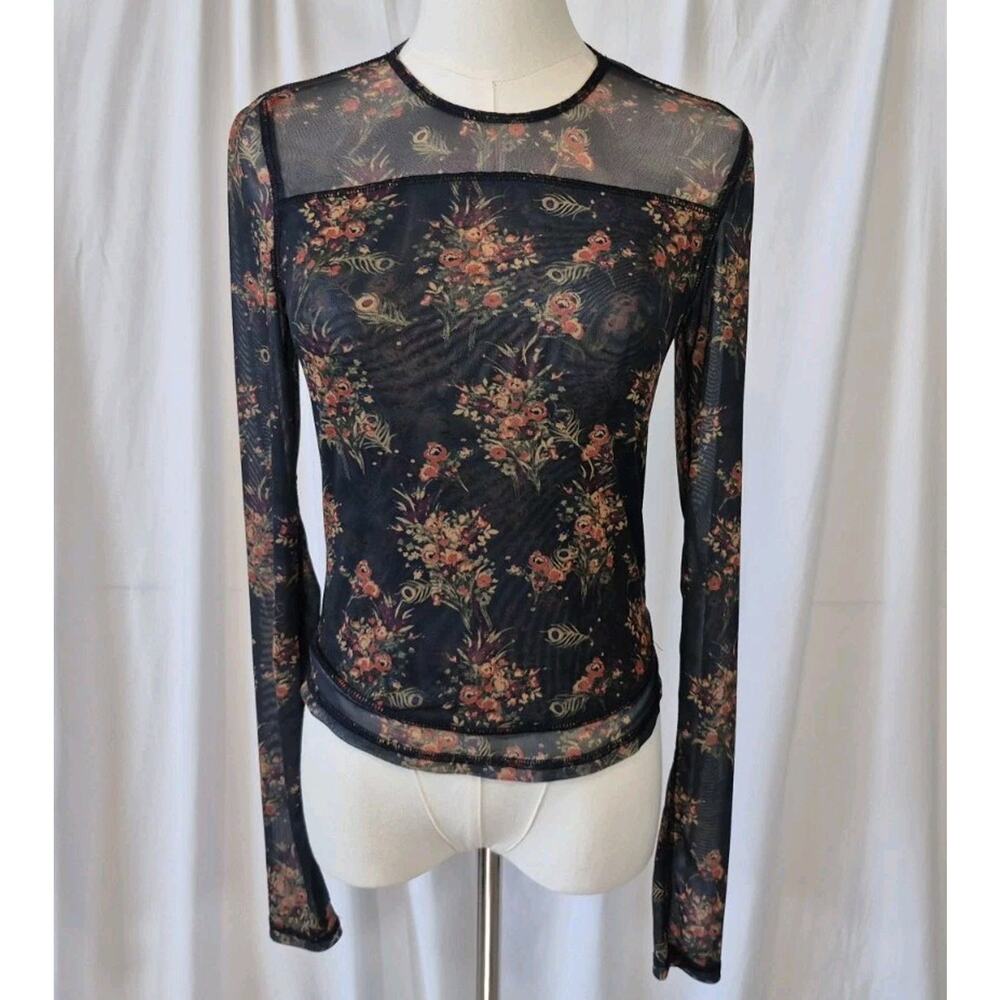 Natural Life Womens Black Floral Sloane Mesh Long Sleeve Top Small - Picture 2 of 9